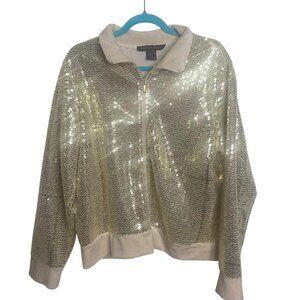 Vintage Cache Gold Sequin Jacket Womens XL Full Zip Party Disco Glam Bomber